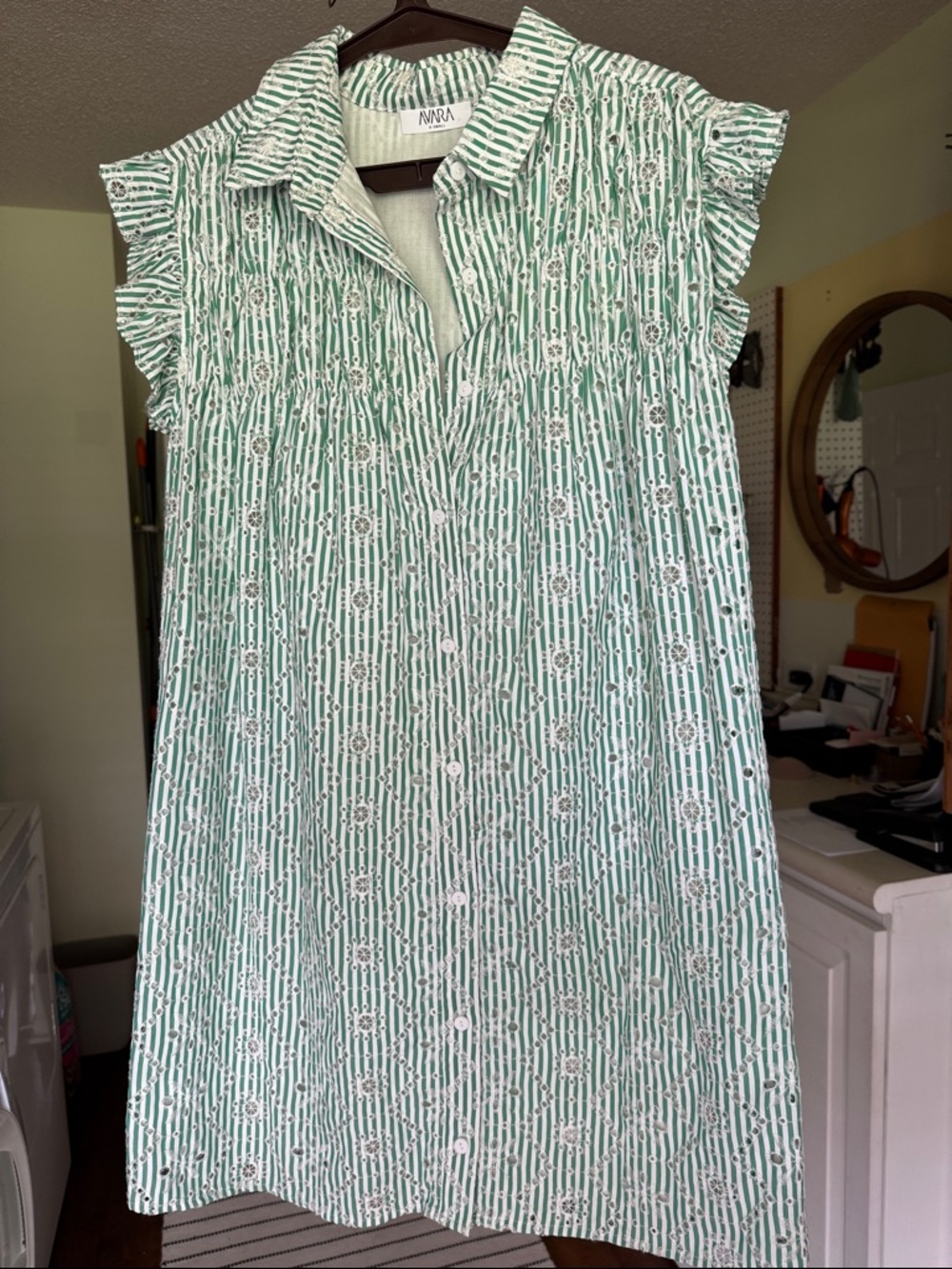 Green & White Printed Button-Front Dress